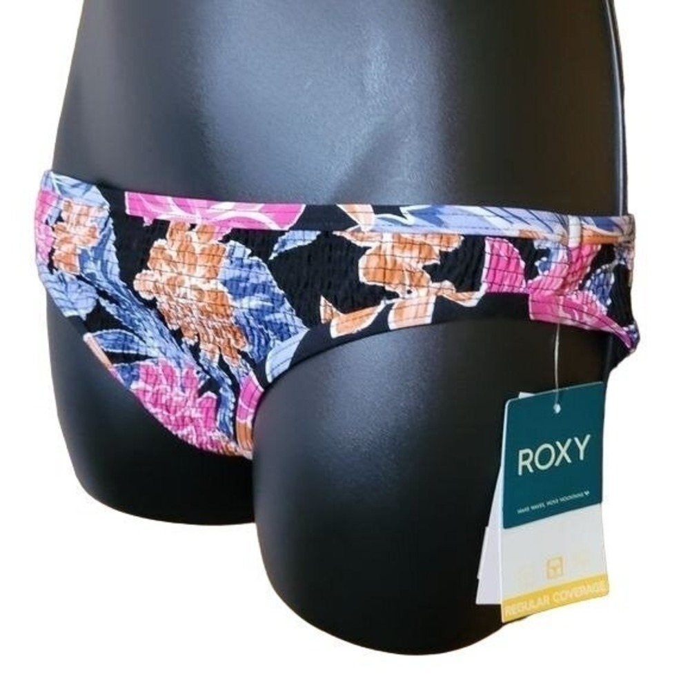 Roxy Tropical Oasis Smocked Bikini Bottom Floral Black Pink Blue XL NEW